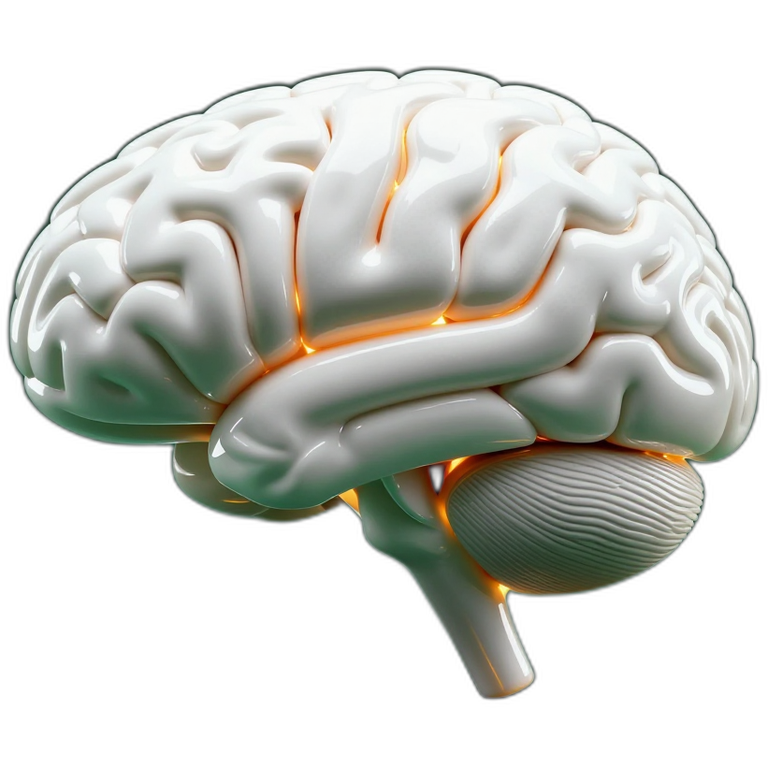 Robotic brain with amber glow, rendered in white ceramic panels