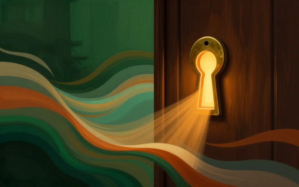 A lone amber keyhole glowing with warm light as if unlocked, representing the right prompt finding the exact result.