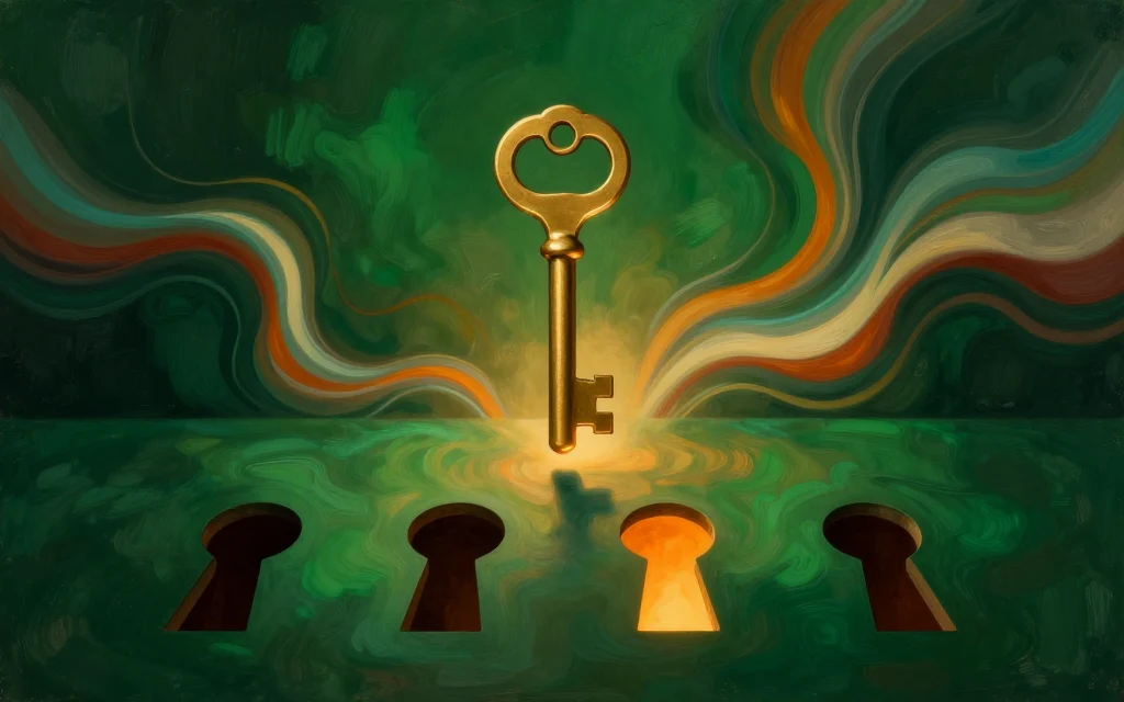 A single brass key hovering above four keyholes, one glowing warm amber, set within a painterly field of deep green, amber, aqua, cream and rust, representing one choice among four ways to buy.